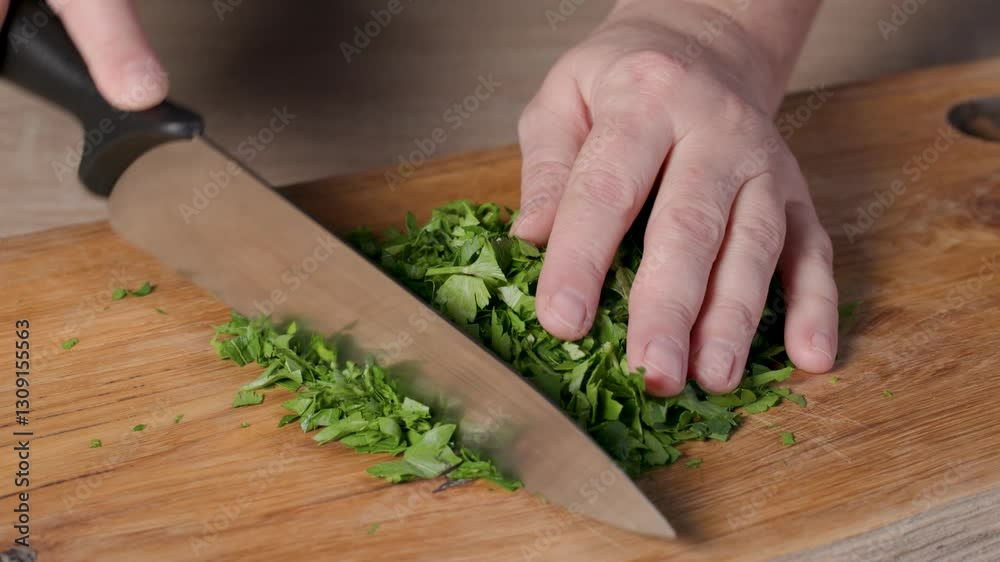 chef chopping fresh green parsley leaves on wooden cutting board in a home kitchen for making healthy vegan meal, food closeup