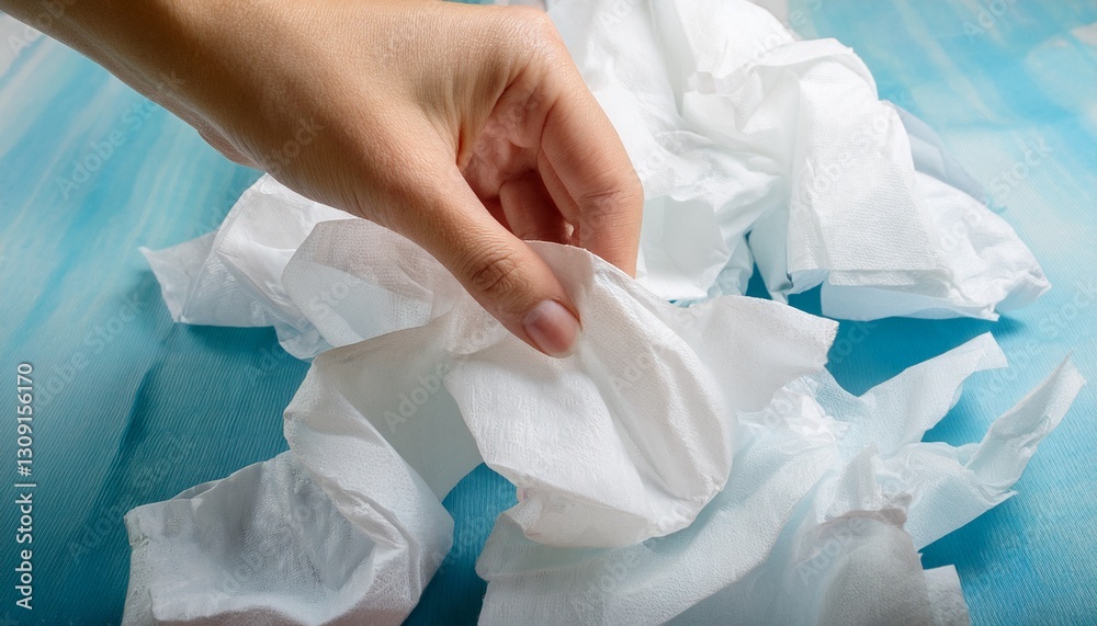 Fototapeta premium hand holding a tissue with loads of used tissues in the back