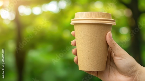 A hand holds a disposable kraft paper cup against a blurred green backdrop, suggesting eco-friendliness and outdoor enjoyment.