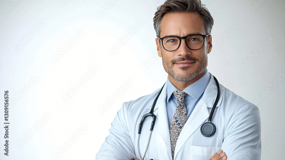Fototapeta premium Confident middle-aged male doctor portrait, ideal for health care marketing, medical websites, or hospital brochures. Perfect for doctor recognition events.