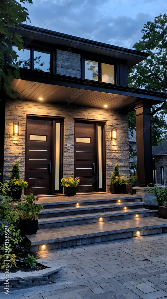 custom made wallpaper toronto digitalA front door of an upscale modern home with two large planters on either side
