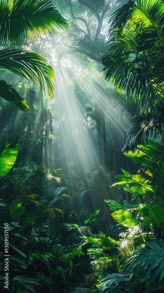 Naklejka premium Lush Tropical Rainforest Sunlight Beams