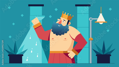 The emperor finishes his morning ritual with a warm refreshing shower feeling rejuvenated and ready to face whatever the day may bring.. Vector illustration