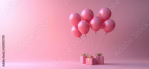 A festive arrangement of pink balloons with beautifully wrapped gifts, creating a joyful and celebratory atmosphere. photo