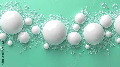 Close-up of white bubbles on a mint green background, creating a refreshing and vibrant visual effect.