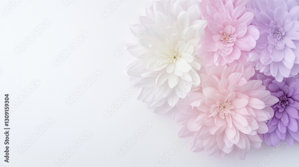 Obraz premium Delicate pastel flowers on a white background convey elegance, beauty, and harmony.