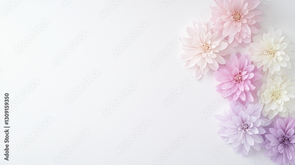 Delicate pastel flowers on a white background offering a serene and elegant composition for creative projects. Delicate pastel flowers on a white background offering a serene and elegant composition for creative projects.