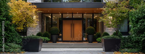 A front door of an upscale modern home with two large planters on either side
