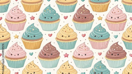 Adorable Digital Art  of Cute Desserts. Colorful cupcakes with whimsical frosting patterns on a playful background. seamless background.