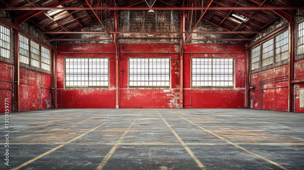 Fototapeta premium A bright red metallic warehouse setting with deep textures and symmetrical patterns.