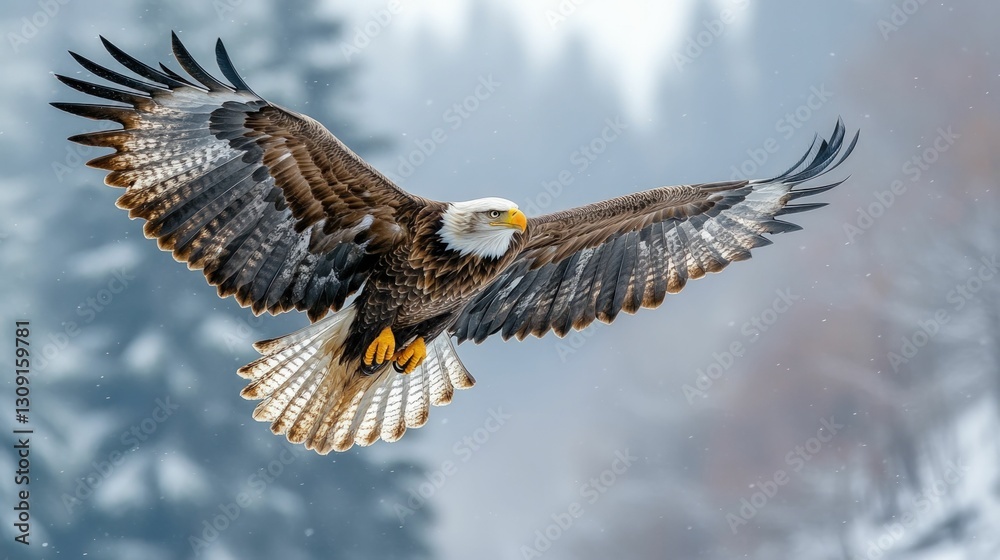 Fototapeta premium Majestic eagle soaring, wings spread wide, snowy scene.