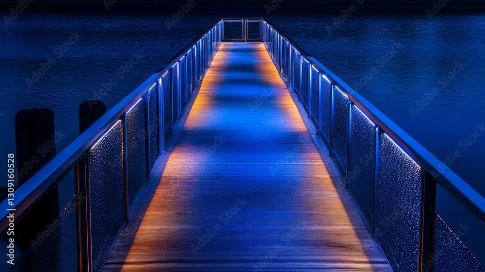 Night Illuminated Pier Blue Orange Lights Modern Architecture Waterside Pathway Design Evening Scenic Walkway Tranquil Bridge Calm Peaceful Serene Night Illuminated Pier Blue Orange Lights Modern Architecture Waterside Pathway Design Evening Scenic Walkway Tranquil Bridge Calm Peaceful Serene