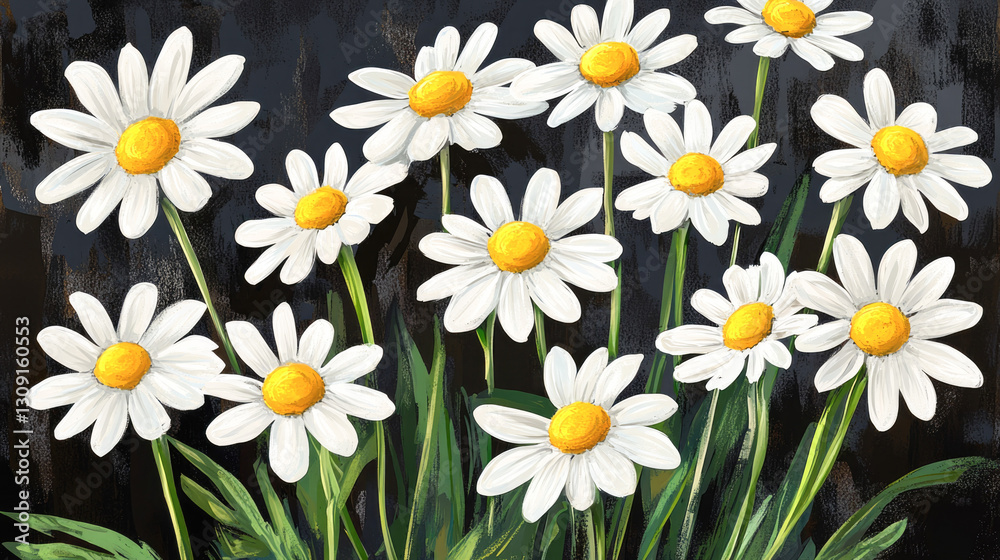 Obraz premium Vibrant white daisies with yellow centers on a dark backdrop