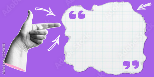 Trendy halftone collage with hand pointing gesture to sheet of notebook pape. Social media poster with space for your text. Advertising banner for sale, promotion and marketing