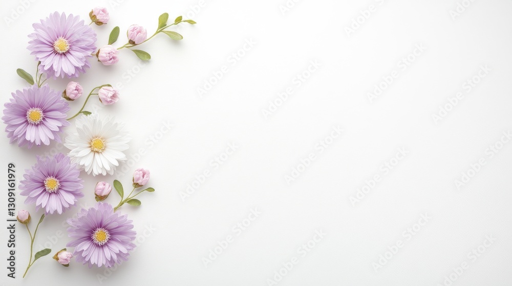 Fototapeta premium Delicate purple and white flowers arranged on a white background with space for text.