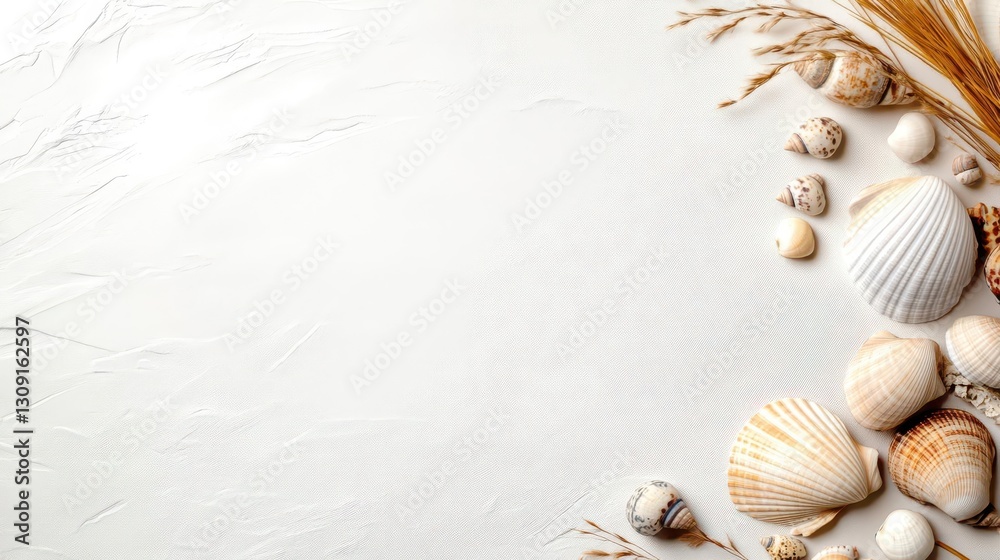 Obraz premium Photo of a white fabric background with beige and cream accents, adorned with dried grasses, shells, and small rocks for an elegant touch Web banner with copy space on the right