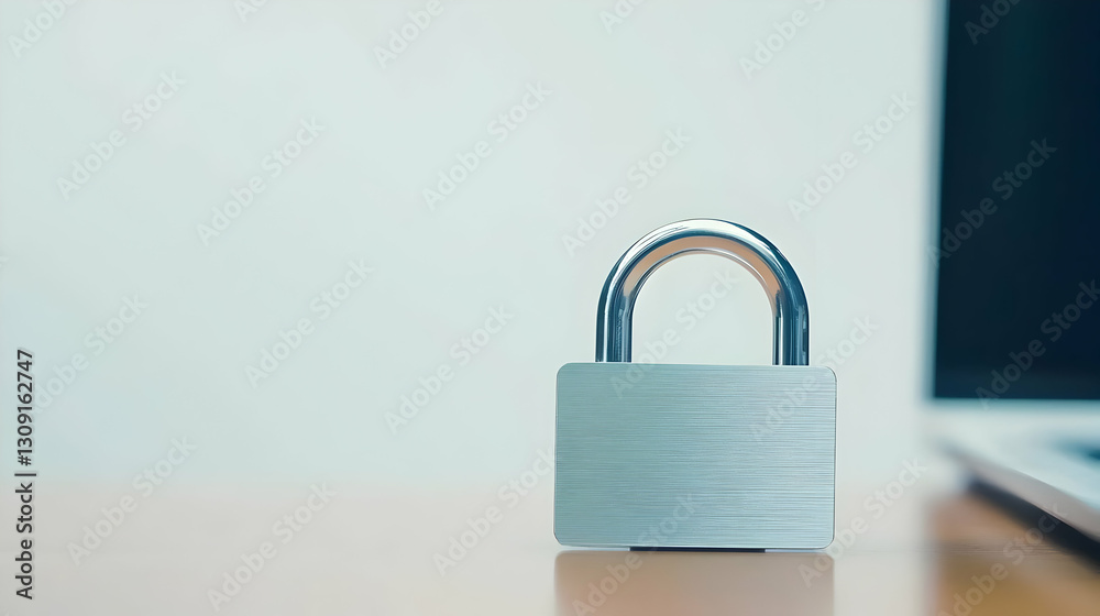 Fototapeta premium Silver Padlock on Wooden Desk Beside a Laptop with White Background for Security Concept