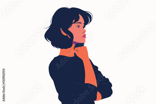 AI-generated woman resting chin on hand illustration