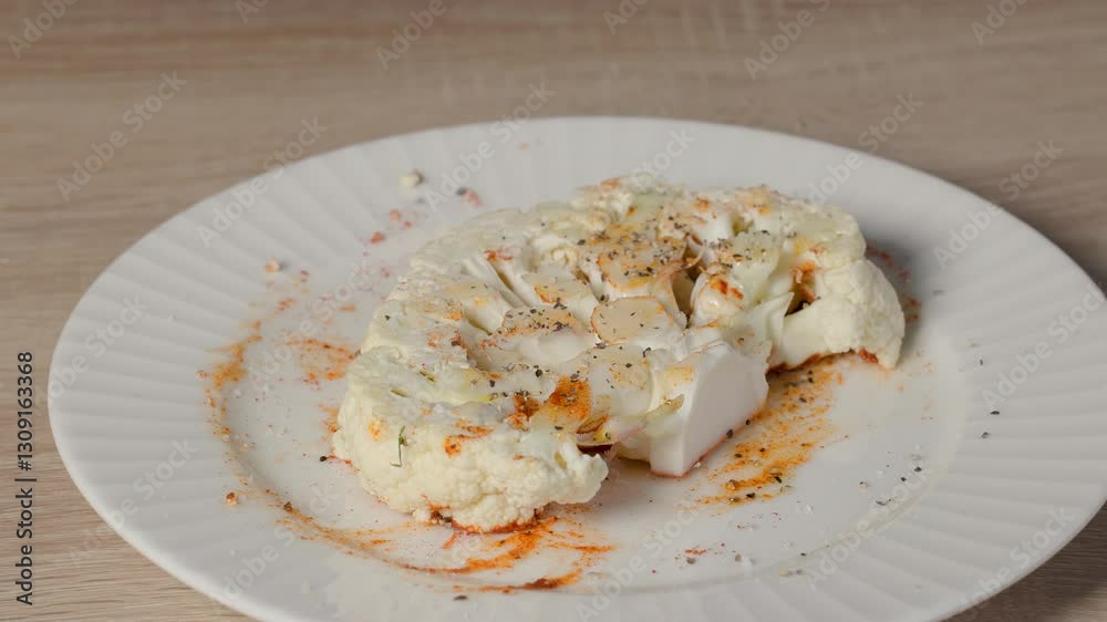 Cook sprinkle red paprika powder on fresh raw cauliflower slice on white plate for making healthy vegan steak, food closeup. Process of making cauliflower steak Cook sprinkle red paprika powder on fresh raw cauliflower slice on white plate for making healthy vegan steak, food closeup. Process of making cauliflower steak
