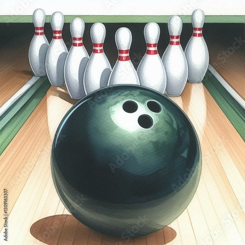 A vibrant colored illustration of a bowling alley featuring a bright bowling ball rolling towards a set of white pins, showcasing a fun atmosphere.