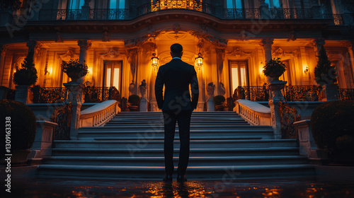 Shot of a wealthy man standing confidently in front of an opulent mansion, showcasing luxury, dark tones and atmosphere, under soft ambient lighting in the evening