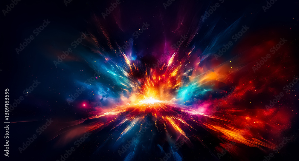 Abstract burst of vibrant colors exploding outwards in a cosmic expanse.  Dynamic energy radiates from a central point, creating a nebula-like effect against a dark backdrop.