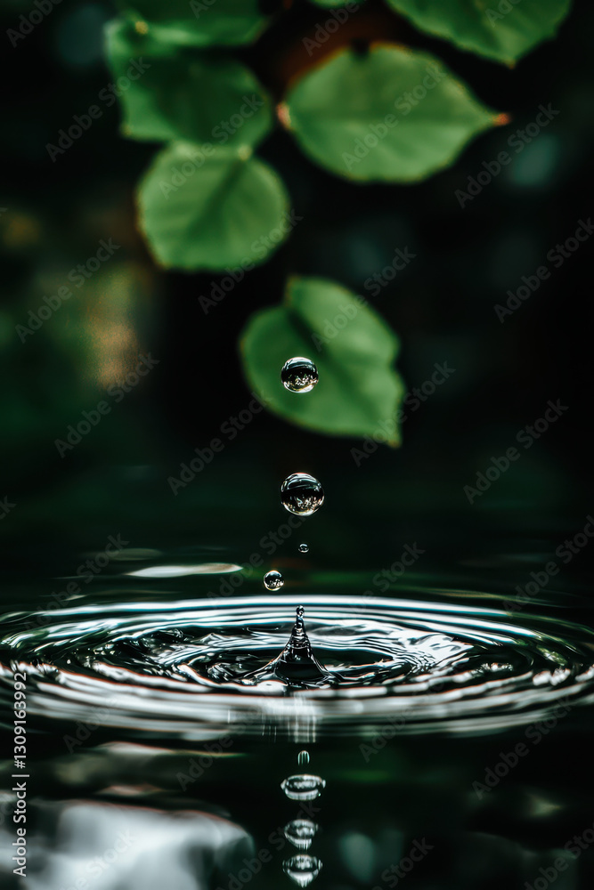 Captivating Water Droplets Create Serenity in Nature with Reflections and Ripples Amidst Lush Green Leaves in the Environment Captivating Water Droplets Create Serenity in Nature with Reflections and Ripples Amidst Lush Green Leaves in the Environment