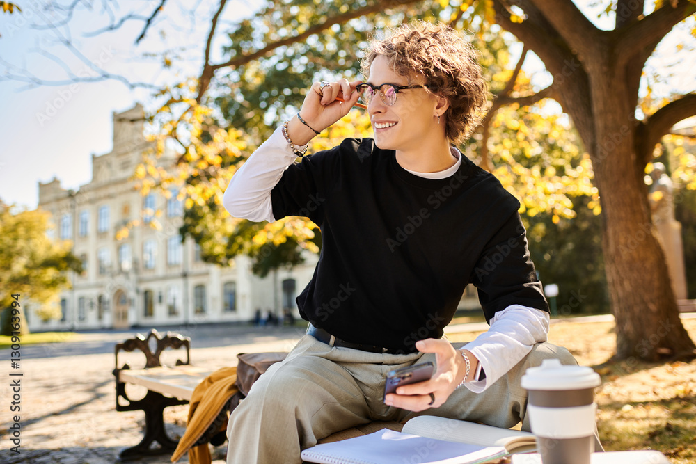 Young stylish student enjoys sunny afternoon at campus with notes and coffee in hand Young stylish student enjoys sunny afternoon at campus with notes and coffee in hand