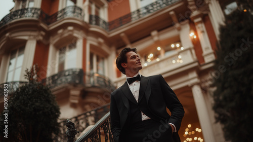 Shot of a wealthy man standing confidently in front of an opulent mansion, showcasing luxury, dark tones and atmosphere, under soft ambient lighting in the evening