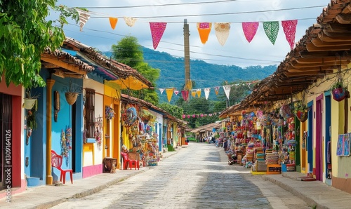 Colorful market street lined with crafts and vibrant decorations.
