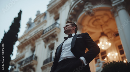 Shot of a wealthy man standing confidently in front of an opulent mansion, showcasing luxury, dark tones and atmosphere, under soft ambient lighting in the evening