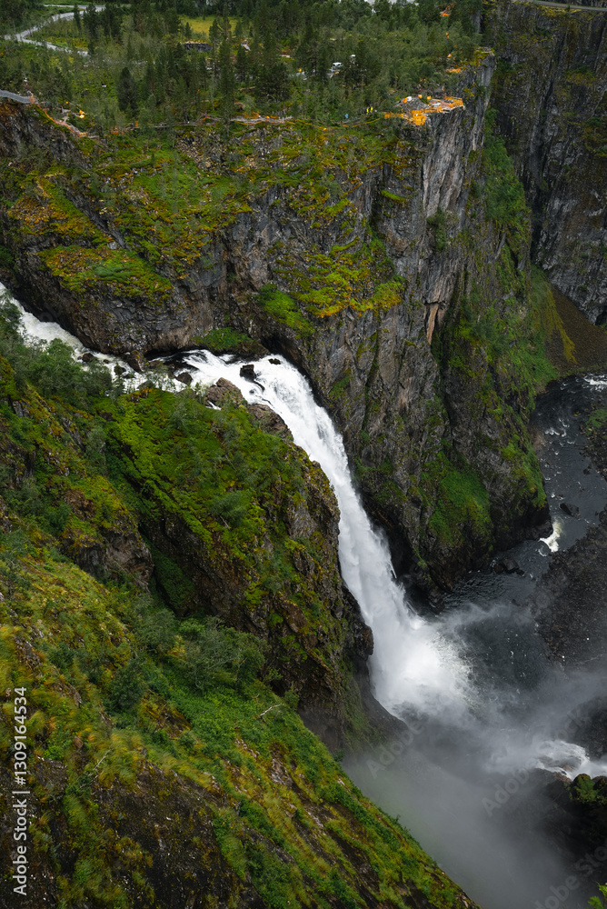 Obraz premium Majestic Waterfall Cascading Gracefully into a Lush Green Valley Surrounded by Natures Beauty