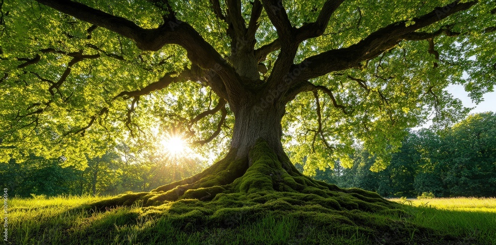 Naklejka premium A majestic tree with sprawling branches and lush green leaves stands in a sunlit field, showcasing nature's beauty and tranquility.