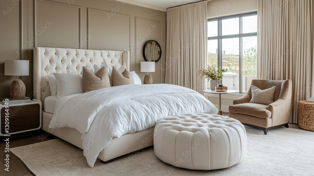 Fototapeta premium cozy bedroom with white armchair and matching ottoman, featuring large bed and elegant decor