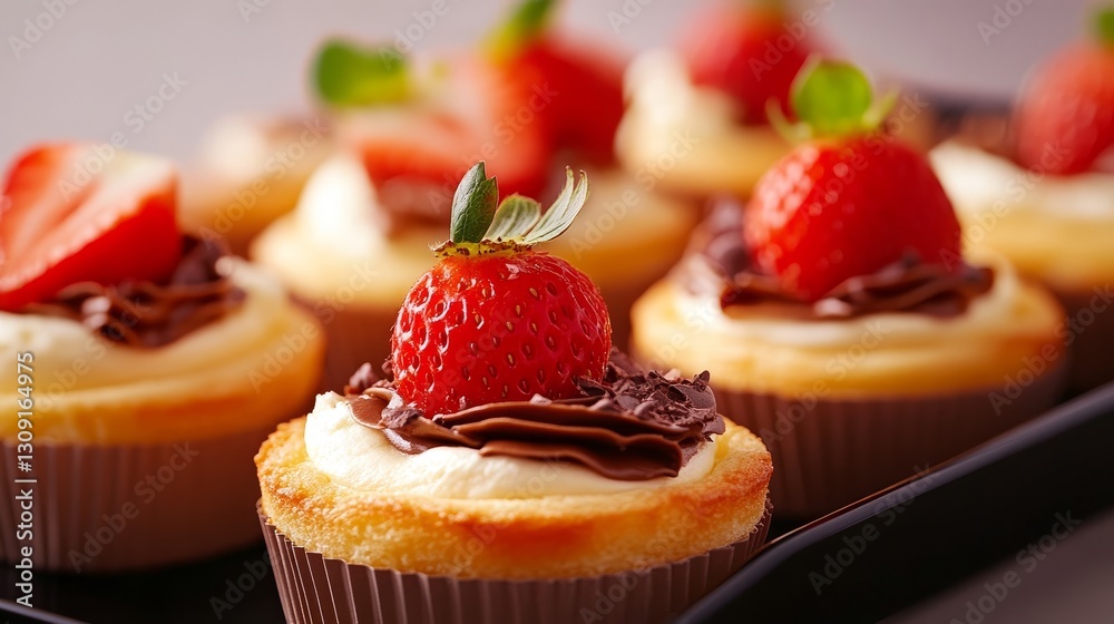 Delicious cupcakes topped with fresh strawberries and chocolate frosting on a dark platter Delicious cupcakes topped with fresh strawberries and chocolate frosting on a dark platter