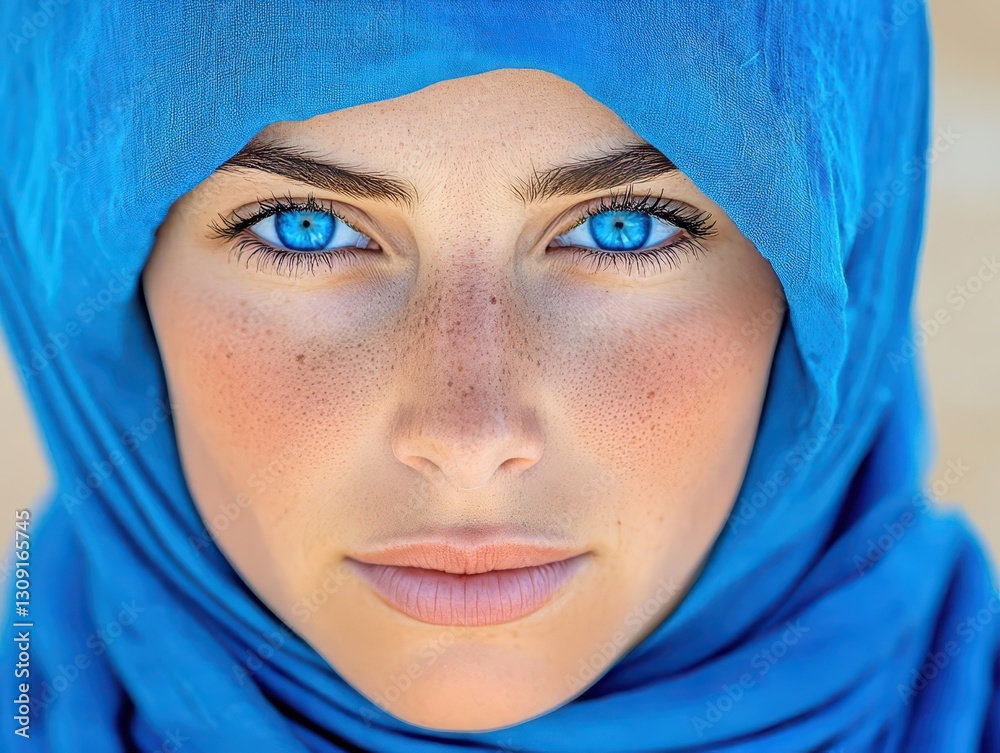 Naklejka premium young woman with bright blue headscarf and blue eyes Nomadic desert outfit Morocco, merzouga Local traditional berber clothes Mysterious face
