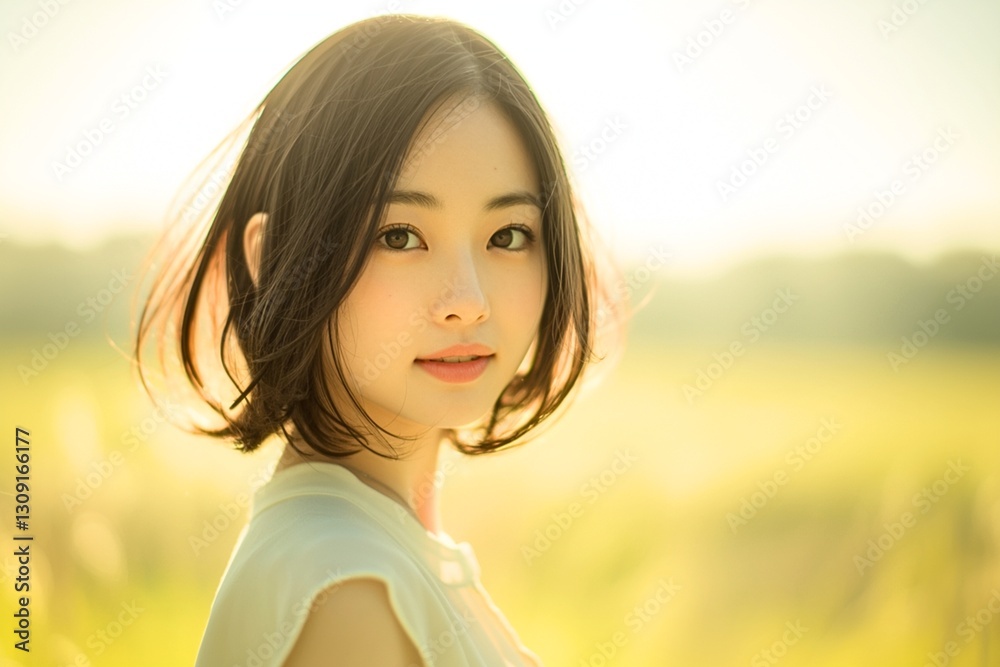 笑顔の日本人の女性（黒髪、ボブヘア）