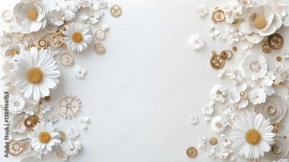 Obraz premium Elegant floral arrangement with white daisies and delicate paper flowers on a soft background.