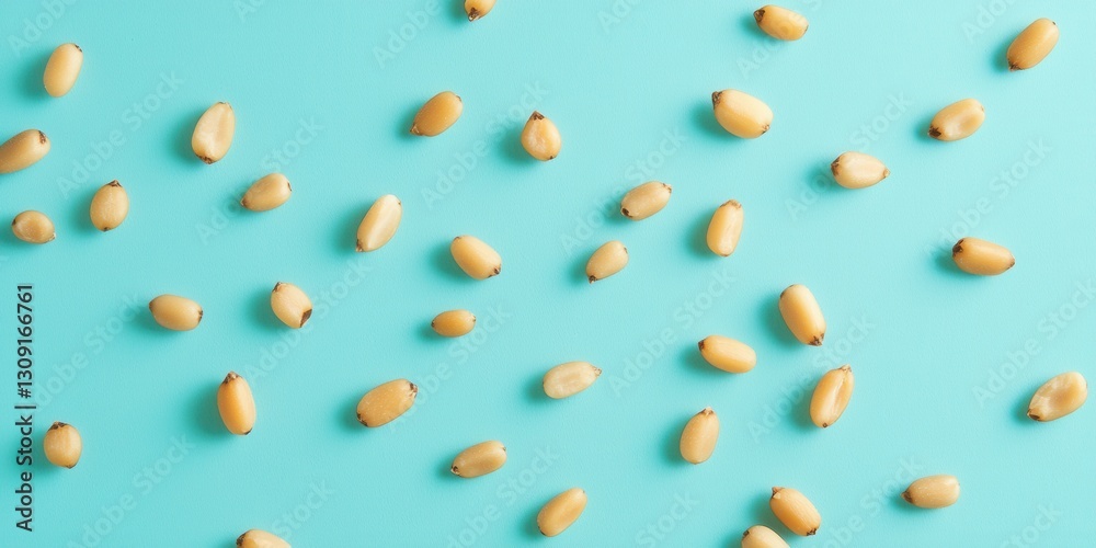 Floating pine nuts with small, pale kernels on a soft teal background Floating pine nuts with small, pale kernels on a soft teal background