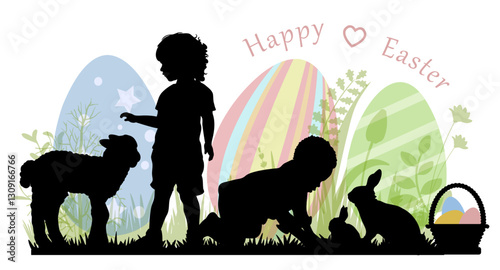 Happy Easter. Children, lamb and rabbit silhouettes on white background. Vector illustration.