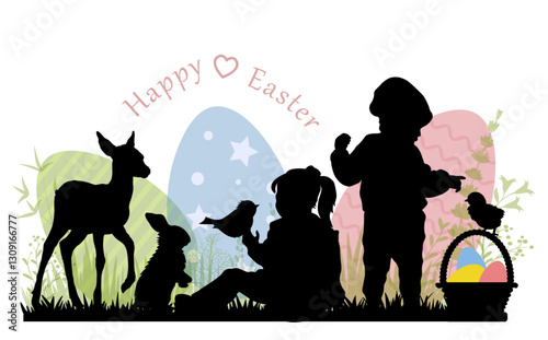 Happy Easter. Children and little animals silhouettes on white background. Vector illustration.	
