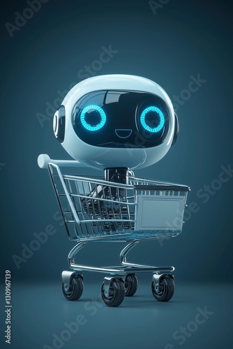 Cute futuristic robot character in a shopping cart with glowing blue eyes