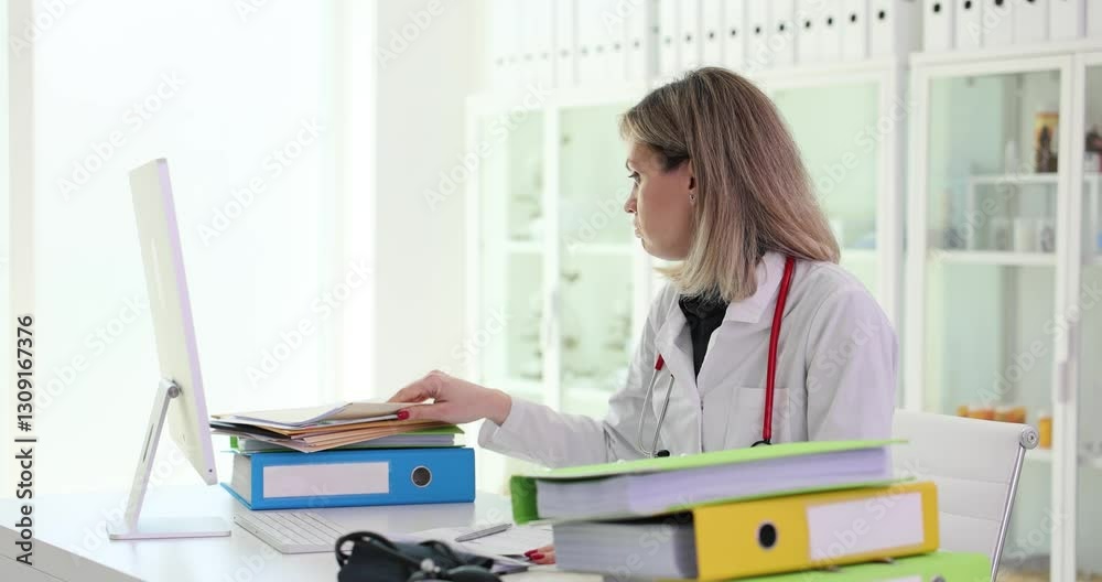 A dedicated doctor discusses patient care at her desk, surrounded by essential medical tools for effective delivery A dedicated doctor discusses patient care at her desk, surrounded by essential medical tools for effective delivery