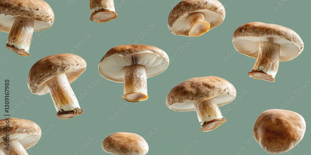 Floating porcini mushrooms with thick brown caps on a muted green background Floating porcini mushrooms with thick brown caps on a muted green background