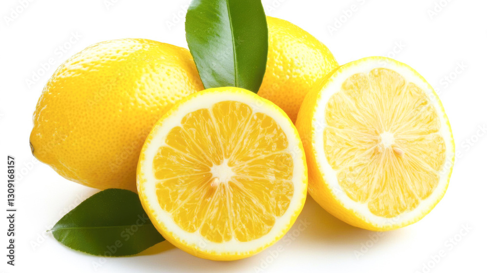 Fresh whole and sliced lemons with vibrant green leaves on white background Fresh whole and sliced lemons with vibrant green leaves on white background