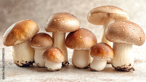 Fresh brown and white mushrooms with dewdrops on natural wooden surface