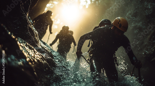Adventure tourism Silhouetted canyoneers navigate a rugged canyon showcasing teamwork and challenging terrain Ideal for adventure travel extreme sports and outdoor recreation marketing