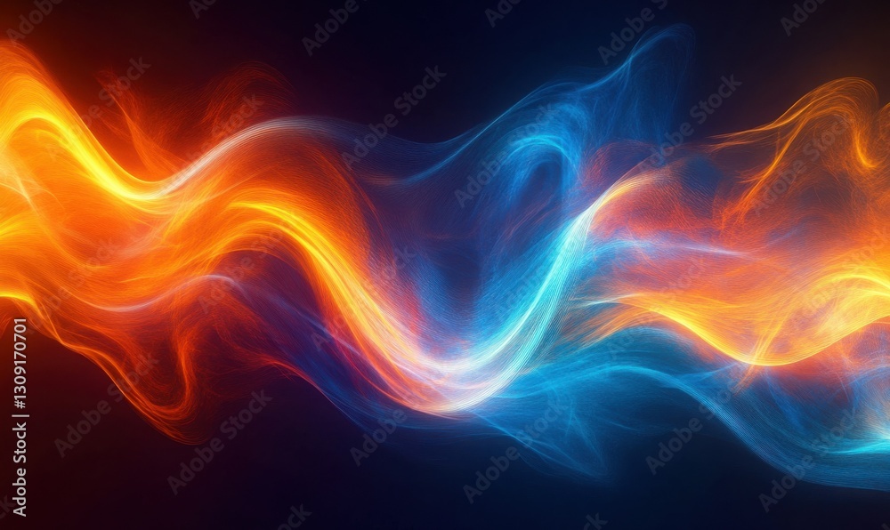 Obraz premium Abstract glowing wave patterns in shades of orange and blue illuminated by gradient light creating a futuristic energy-focused visual .