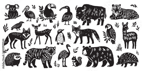 Hand drawn black and white animal silhouettes collection featuring wildlife species including fox, tiger, bear, deer, wolf, koala, bison, penguin, parrot, and more in rustic folk art style