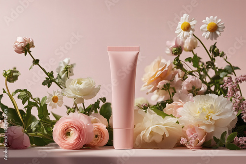 Pink Skincare Tube with Floral Accents photo